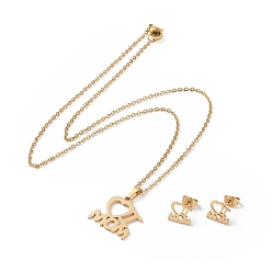 Золотой 304 Серьги-гвоздики в виде сердца из нержавеющей стали с надписью «Я люблю маму» и ожерелье с подвеской, комплект украшений на день матери, золотые, 17.32 дюйм (44 см), 8x9x1 мм, штифты : 0.8 мм