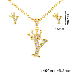 Letter Y Наборы подвесок и сережек-гвоздиков из латуни с микропаве из прозрачных кубических цирконий., золотые, письмо с короной, Письмо Y, 10.2x8.5 мм и 400 мм