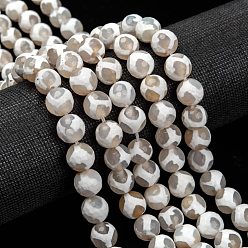 White Tibetan Style Turtle Back Pattern dZi Beads Strands, Natural Agate, Giraffe Skin Agate, Dyed, Faceted, Round, White, 10mm, Hole: 1mm, about 37pcs/strand, 13.7 inch