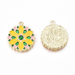 Golden Alloy Enamel Pendants, Baroque Style, Flat Round with Flower, Colorful, Golden, 23x20x2mm, Hole: 1.8mm