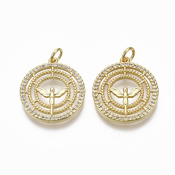 Golden Brass Micro Pave Clear Cubic Zirconia Pendants, with Jump Ring, Flat Round, Nickel Free, Golden, 21.5x19x3mm, Hole: 3mm