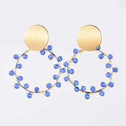 Blue Dangle Stud Earrings, with 304 Stainless Steel Stud Earrings Findings, Brass Linking Rings, Glass Beads and Earring Backs, Golden, Blue, 54~55mm, Pin: 0.7mm