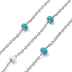 Deep Sky Blue 304 Stainless Steel Enamel Link Chains, Soldered, with Spool, Flat Round, Deep Sky Blue, 2x1.5x0.5mm