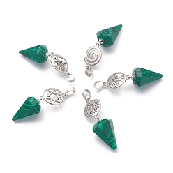 Малахит Синтетического малахита подвески, с платиново-латунной защелкой на скобах, голос / символ ом / древо жизни / цветок жизни / звезда давида, Конус маятник, 48 мм, отверстие : 8 мм
