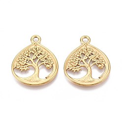 Настоящее золото 18K 304 каплевидная форма из нержавеющей стали с подвесками в виде дерева жизни, ионное покрытие (ip), реальный 18 k позолоченный, 32x25.5x2 мм, отверстие : 3 мм