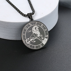 Лео 201 ожерелья из нержавеющей стали с цепочкой из сплава, чёрные, плоский круглый узор созвездия, Лев, 23.62 дюйм (60 см)