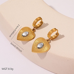 Сердце 304 Серьги-кольца из нержавеющей стали со стразами, золотые, сердце, 24x20 мм