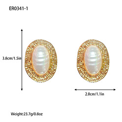 Золотой Серьги-гвоздики из сплава и пластика с жемчугом, текстурированный овал, золотые, 38x28 мм