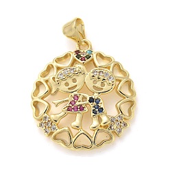 Настоящее золото 18K Латунные микро проложить кубического циркония подвески, плоский круглый с мальчиком девочкой, стойки покрытие, долговечный, без свинца и без кадмия, реальный 18 k позолоченный, 24x22x3.5 мм, отверстие : 4.5x3.5 мм
