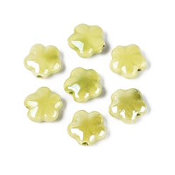 Yellow Green Handmade Porcelain Beads, Bright Glazed Porcelain, Flower, Yellow Green, 14~15x14~15x6~7mm, Hole: 1.8~2.2mm