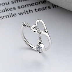 Античное Серебро Каплевидная форма и полое сердце 925 стерлинговое серебро с прозрачным кубическим цирконием регулируемые манжетные кольца для женщин, античное серебро, 10 мм, внутренний диаметр: регулируемый