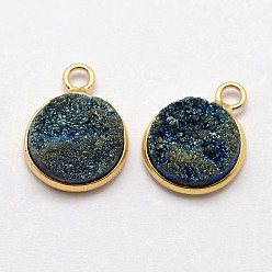 Blue Electroplate Natural Druzy Quartz Crystal Pendants, Dyed, with Golden Plated Brass Finding, Flat Round, Blue, 14~15x11x5mm, Hole: 2mm
