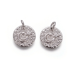 Platinum Brass Rough Surface Charms, with Jump Rings, Cadmium Free & Lead Free, Flat Round with Star and Moon, Platinum, 12x1.5mm, Hole: 3mm
