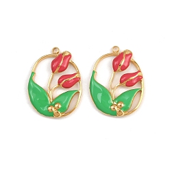 Настоящее золото 18K 304 подвески-тюльпаны из нержавеющей стали с красной и зеленой эмалью, ионное покрытие (ip), овал с цветочными подвесками, реальный 18 k позолоченный, 23.5x17.5x3.5 мм, отверстие : 1.6 мм