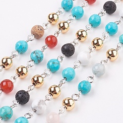 Mixed Stone Natural & Synthetic Gemstone Beads Handmade Chains, Unwelded, with Brass Findings and Iron Eye Pin, Round, 12~13x6mm, 39.37 inch(1m)/strand