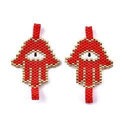 Red Handmade Seed Beads Links Connectors, with Elastic Thread, Loom Pattern, Hamsa Hand/Hand of Fatima /Hand of Miriam with Eye, Red, 47~49x28~28.5x2~3.5mm, Hole: 4mm