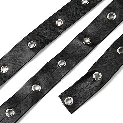 Black Flat Imitation Leather Cords, with Platinum Tone Brass Eyelets, Garment Accessories, Black, 20x2mm, about 6.5~7m/pc