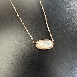 Золотой Ожерелья с подвеской в виде овала из натуральной белой ракушки с латунным паве для женщин, розовое золото , 15.35 дюйм (39 см)