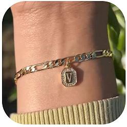 Letter V 304 браслеты с подвесками из нержавеющей стали и кристаллами горного хрусталя, браслеты-цепочки Фигаро для женщин, прямоугольник с буквой, золотые, Буква V, 6-3/4 дюйм (17 см)
