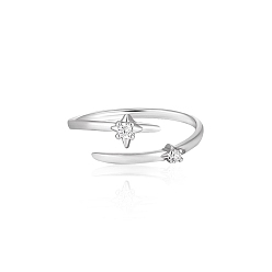 Platinum Brass Micro Pave Cubic Zirconia Cuff Open Rings, Star, Platinum, 15~20mm
