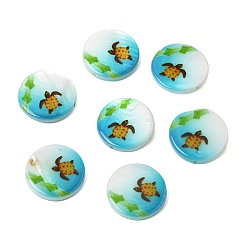Turtle Плоские круглые бусины из натуральных пресноводных ракушек с принтом в виде морских волн, черепаха, 15.5x3~3.5 мм, отверстие : 0.8 мм