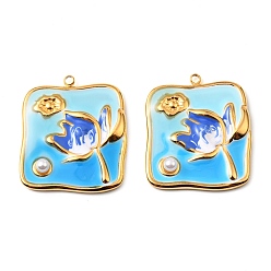 Темно-Голубой 304 нержавеющей стальной эмали подвески, с имитацией жемчуга из АБС, квадрат с цветочным шармом, золотые, глубокое синее небо, 25x22x4 мм, отверстие : 1.4 мм
