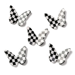 Black Opaque Resin Cabochons, Two Tone, for DIY Earring Accessories, Butterfly with Chessboard Pattern, Black, 22.5x27.5~28.5x4~5.5mm