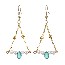 Turquoise Triangle Iron Chain and Glass Dangle Earrings, Golden, Turquoise, 65x29mm