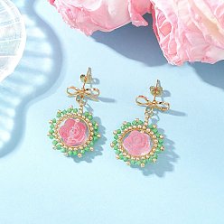 Pink Серьги-гвоздики с подвесками из цветочного стекла, с цилиндрическим бисером и стеклянным бисером, золотые, розовые, 38x24 мм