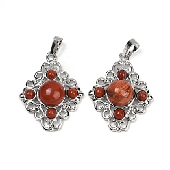 Красный Камень Природные красной яшмы подвески, ромбовидные подвески с латунной фурнитурой, стойки покрытие, платина, 35.5x27x7.5 мм, отверстие : 8.5x4.5 мм