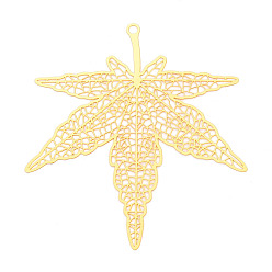 Настоящее золото 18K Латунные филигранные большие подвески, кленового листа, гравированные металлические украшения, без кадмия, без никеля и без свинца, реальный 18 k позолоченный, 74x63.5x0.3 мм, отверстие : 2.5 мм