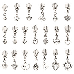 Platinum 20Pcs Alloy Replacement Zipper Sliders, Heart, with Alloy Pendants, Platinum, 35~50mm