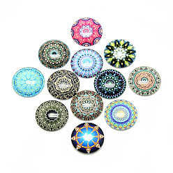 Mixed Color Printed Glass Flat Back Cabochons, Dome/Half Round, Geometric Flower Theme, Mixed Color, 25x6.5mm