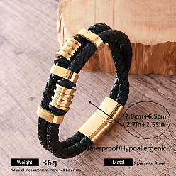 Oro Pulseras vintage de acero inoxidable trenzado con cuero sintético y cierres magnéticos para hombre., negro, dorado, diámetro interior: 304 pulgada (2 cm)