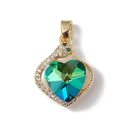Medium Turquoise Real 18K Gold Plated Rack Plating Brass Micro Pave Clear Cubic Zirconia Pendants, with Glass, Long-Lasting Plated, Cadmium Free & Lead Free, Heart Charm, Medium Turquoise, 21.5x17x8mm, Hole: 5x3.2mm