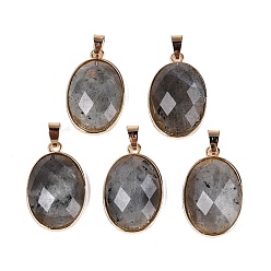 Labradorite Natural Labradorite Pendants, Brass Oval Bezeled Charms, with Iron Snap On Bails, Faceted, Golden, 31.5x20x8~9mm, Hole: 6.5~7.5x3.5~4.5mm