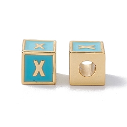 Letter X Стойки покрытие латунь эмаль бисер, без кадмия, без никеля и без свинца, реальный 18 k позолоченный, куб с письмом, голубой, letter.x, 6x6x6 мм, отверстие : 2.5 мм