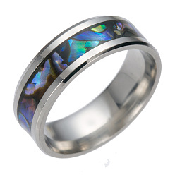 Stainless Steel Color 201 Stainless Steel Wide Band Finger Rings, with Shell, Size 7, Stainless Steel Color, 17.4mm