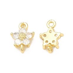 Real 18K Gold Plated Brass Clear Glass Connector Charms, Flower Links, Real 18K Gold Plated, 12x8x3mm, Hole: 1.2mm