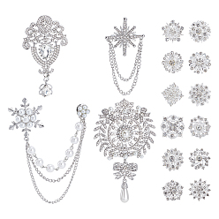 Платина 16шт. 5 стили цветочные броши из сплава со стразами для одежды, платина, 24~125x24~64 мм