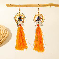 Темно-Оранжевый Серьги-кисточки из сплава, эмали и хлопкового шнура в стиле Хэллоуина, призрак, темно-оранжевый, 108x26 мм