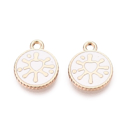 White Alloy Enamel Pendants, Rack Plating, Flat Round & Heart Charms, Golden, White, 13.5x11x1.5mm, Hole: 1.6mm