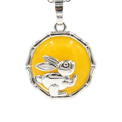 Топаз Нефрит Натуральный топаз нефрита подвески, плоская круглая форма из латуни платинового цвета с подвесками в виде кролика, 25x10 мм