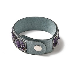 Améthyste Bracelet à cordon pression en faux suède, bracelet en perles d'améthyste naturelle et de coquillages pour hommes femmes, 8-5/8 pouce (22 cm)