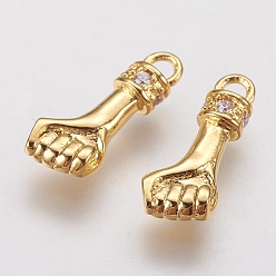Золотой Латунные микро проложить кубического циркония подвески, кулак, золотые, 17x7x3.5 мм, отверстие : 2.5 мм