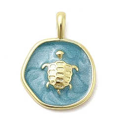 Кадет Синий Латунь эмаль подвески, плоские круглые с черепахой, стойки покрытие, долговечный, без кадмия и без свинца, реальный 18 k позолоченный, с блеском порошок, кадетский синий, 18.5x13.5x2.5 мм, отверстие : 4x2 мм