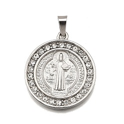 Плоский Круглый 304 подвески из нержавеющей стали, со стразами, религиозная тема, святой, цвет нержавеющей стали, плоско-круглые, 32x28x2.5 мм, отверстие : 3x7 мм
