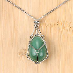 Зеленый Авантюрин Подвеска в виде клетки для пасхального яйца из натурального зеленого авантюрина 304 Цепочка из нержавеющей стали, цвет нержавеющей стали, 27.56 дюйм (70 см)
