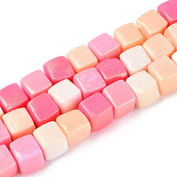 Pink Полимерной глины ручной работы бисер нитей, жемчужные, кубические, розовые, 6~7x5.5~6.5x5.5~6.5 мм, отверстие : 1.4~1.8 мм, около 62 шт / нитка, 15.94~16.14 дюйм (40.5~41 см)