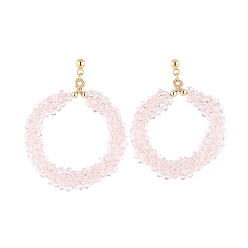 Pink Boucles d'oreille, avec des perles de verre à facettes, Boucles d'oreilles 304 en acier inoxydable plaqué or, perles en laiton et écrous d'oreille, rose, 54mm, pin: 0.7 mm